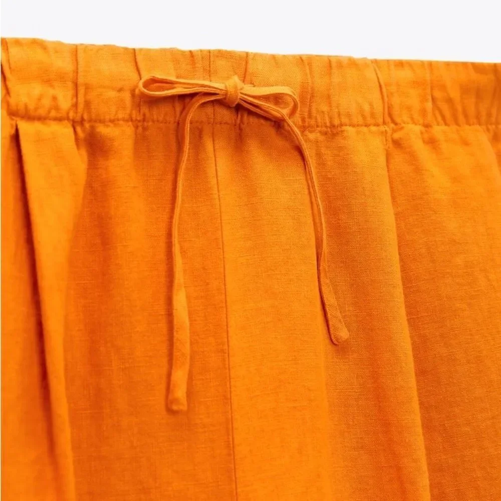 Zara Orange 100% Linen Palazzo Pants New